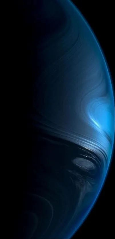 Dark blue planet with swirling patterns in black space.