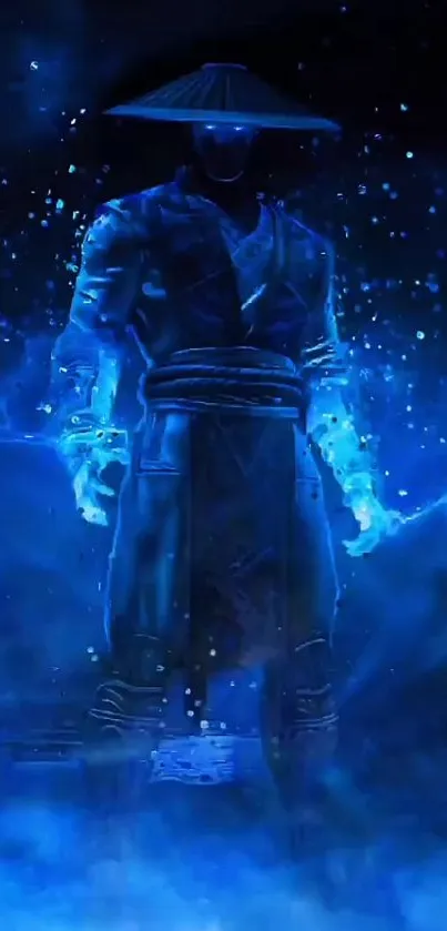 Mysterious blue warrior amid glowing aura.