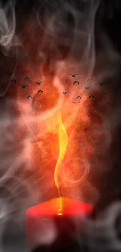 Glowing red candle with smoke and birds on a dark background.