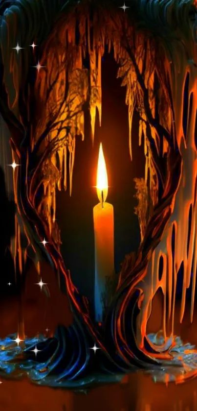 Intricate candle wax art with glowing light and mystic shadows in dark tones.