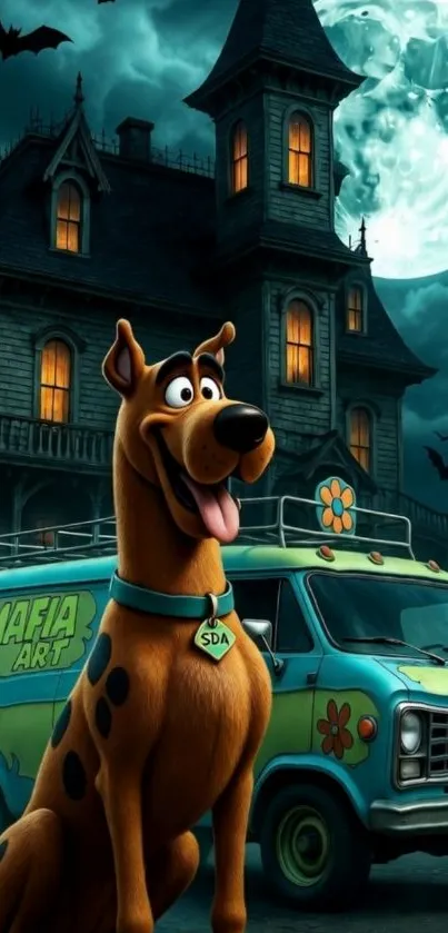 Cartoon dog in front of haunted house and van under full moon.