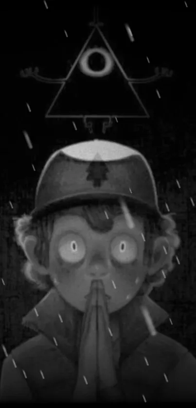 Grayscale cartoon figure with triangle symbol in the rain wallpaper.