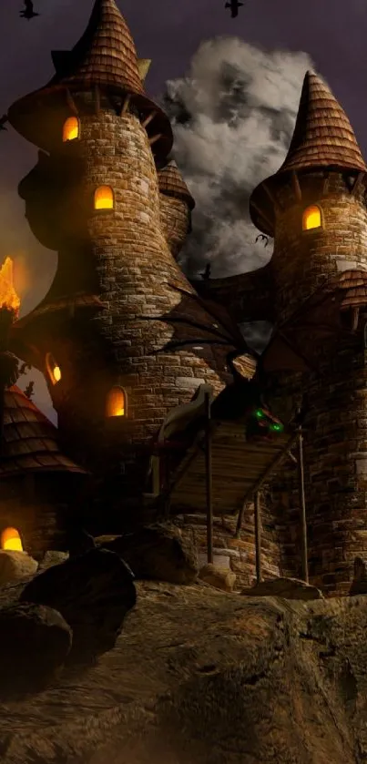 Silhouette of a mysterious castle with glowing windows at night.