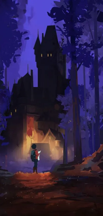 Mysterious castle at night in a twilight forest scene.