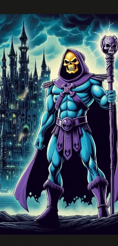 Dark fantasy character with skull face and staff in front of a gothic castle.