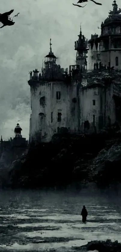 Dark gothic castle with flying birds amidst a gloomy landscape.