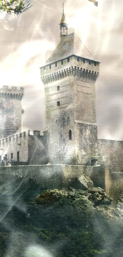 Mysterious medieval castle on a misty hill surrounded by lush greenery.