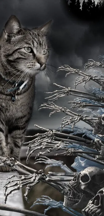 Mystical cat among skulls and skeleton branches in a dark wallpaper.