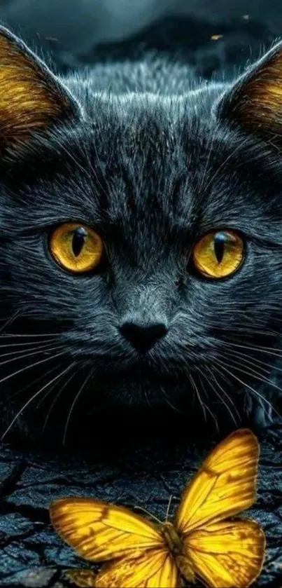 Black cat with golden eyes and butterfly