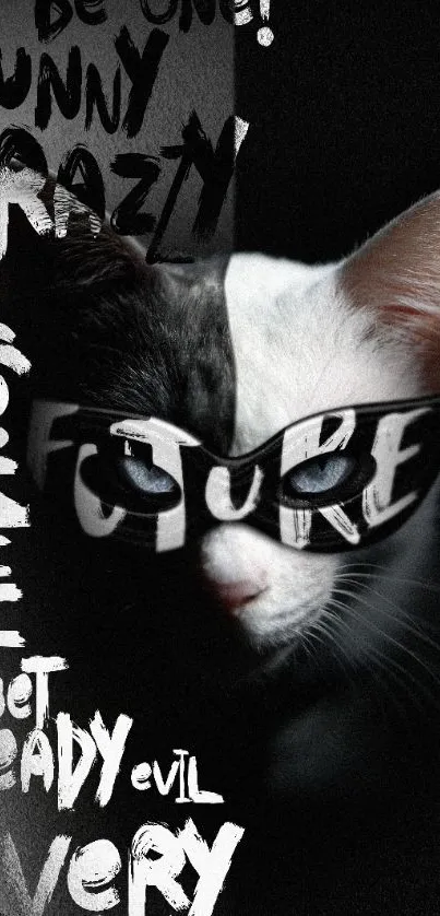 Mysterious cat graffiti art mobile wallpaper with bold text.