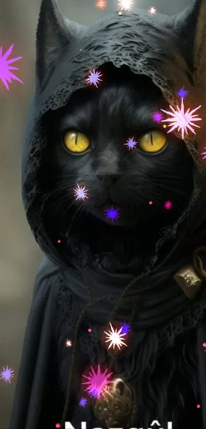 Black cat in a hooded cloak with glowing eyes.