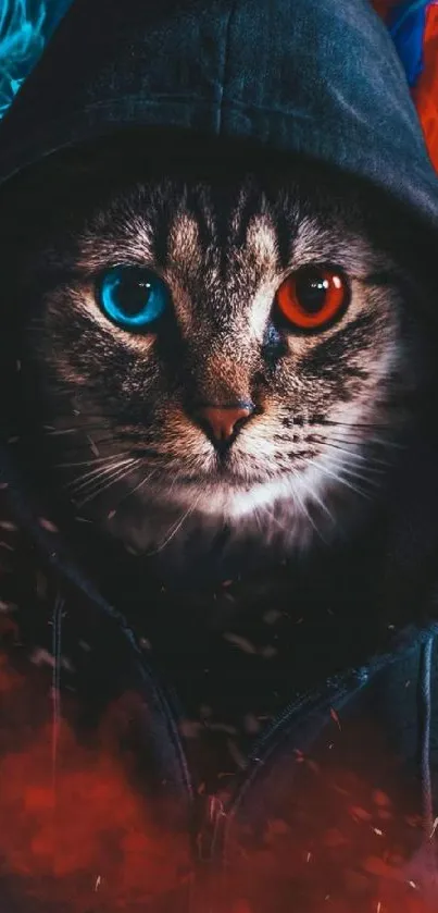 Mysterious cat in hoodie with blue and red eyes in digital art style.