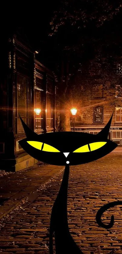 Black cat silhouette on a dimly lit cobblestone street at night.