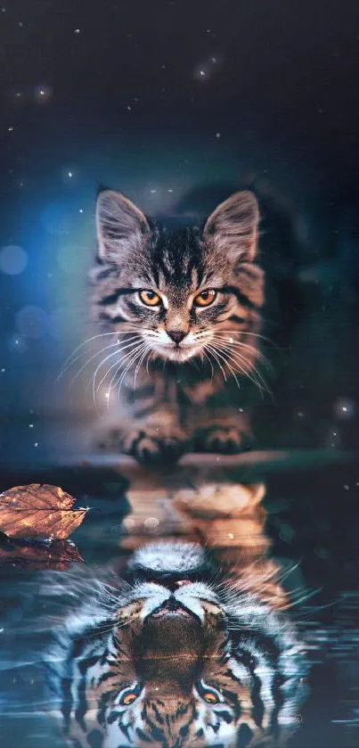 A kitten with a tiger reflection in a serene, dark blue atmosphere.