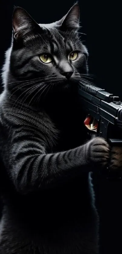 A mysterious black cat holding a gun, set against a dark background.