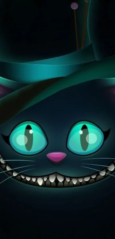 Mysterious cat with neon glowing eyes and a quirky hat.