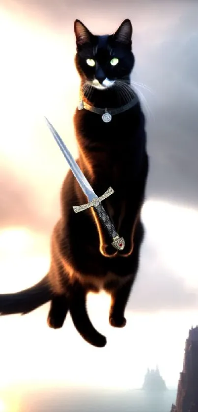 Black cat with sword floating in a dramatic cloudy sky.