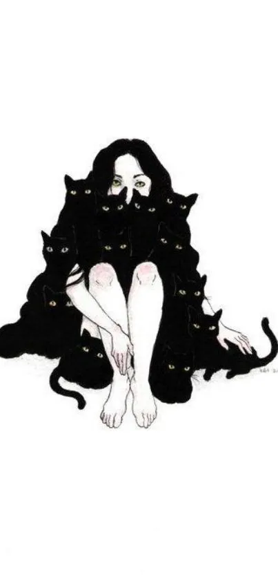 Mysterious woman surrounded by black cats illustration.