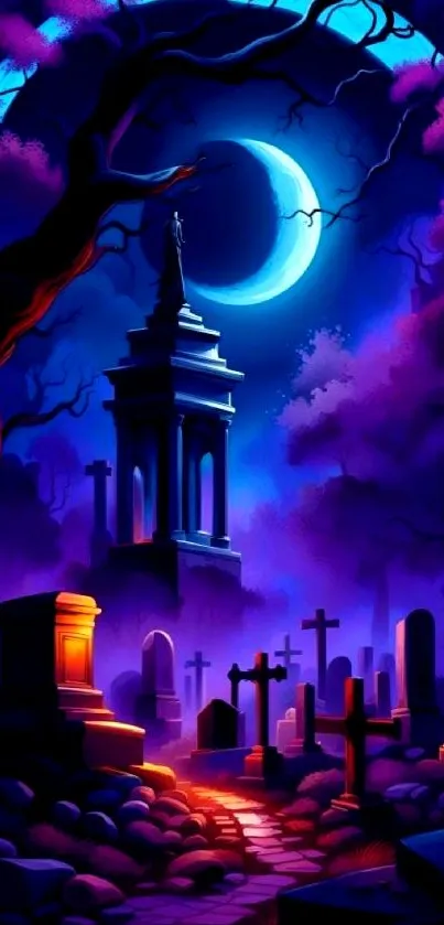 Mysterious cemetery with moonlit sky in dark blue tones.