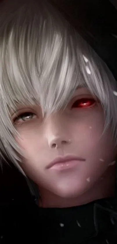 Mysterious anime character with white hair and intense eyes in a dark hood.