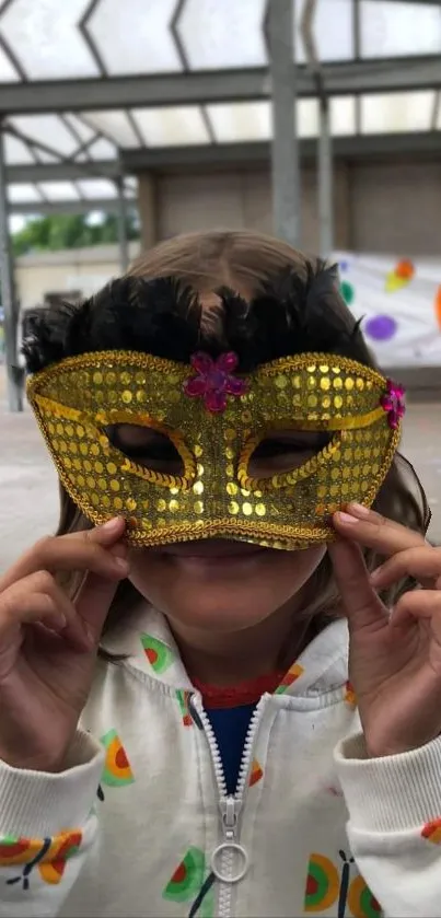 Child holding a gold mask with feathers and flowers.