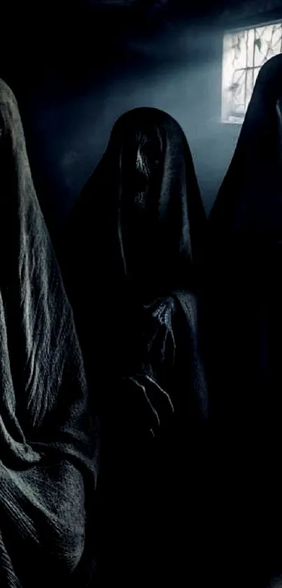 Three mysterious cloaked figures in shadows.