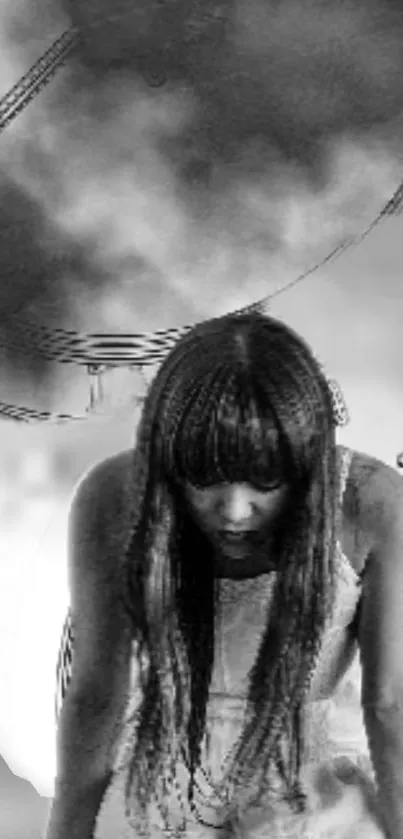Black and white wallpaper of a woman with clock elements.