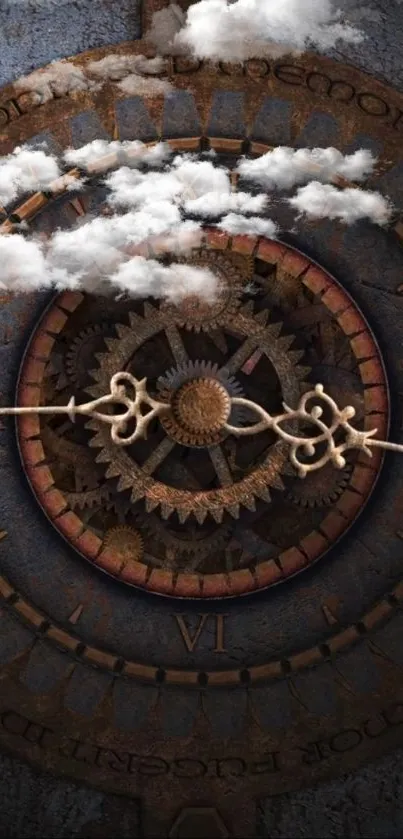 Steampunk clock with clouds and gears, dark brown tones.