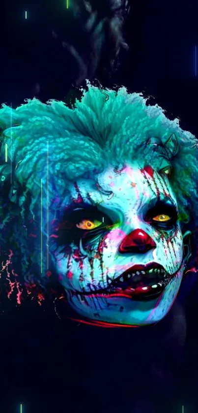 A vibrant neon clown face with colorful and mysterious allure.