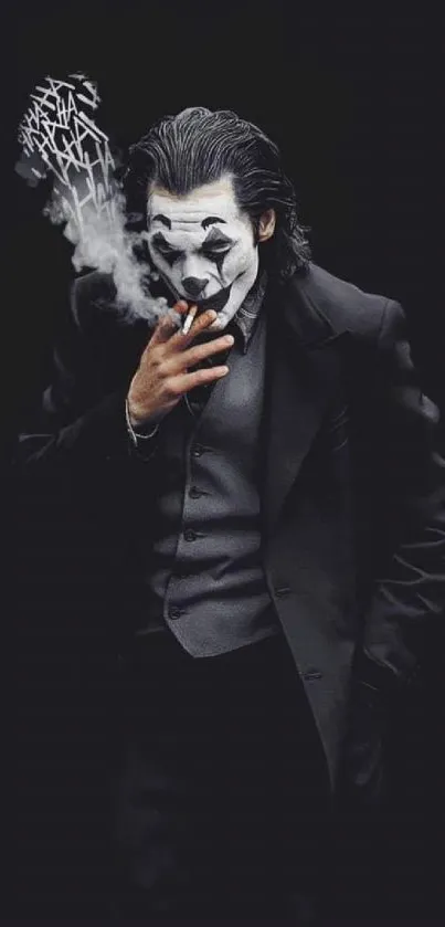 Smoking clown with face paint on a dark background.