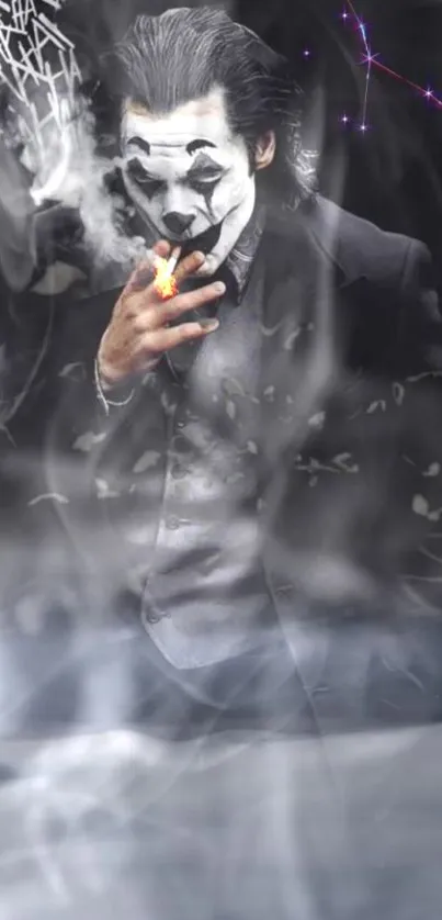 Mysterious clown smoking in dark, smoky background.