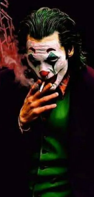 Smoking clown with green suit in artistic wallpaper design.