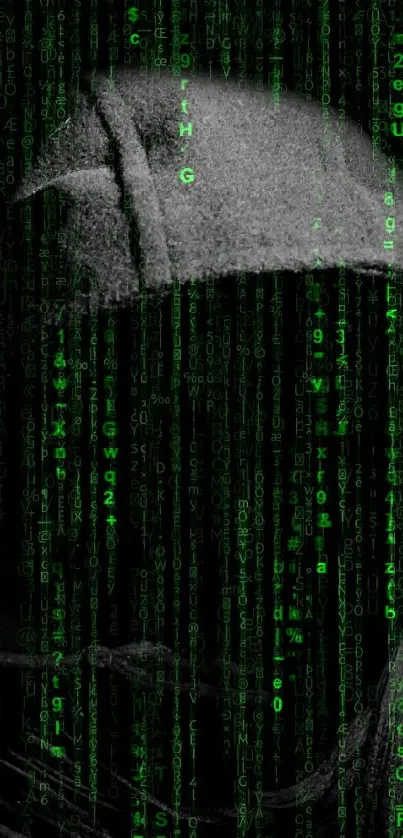 Mysterious hooded figure in green code matrix on dark background.