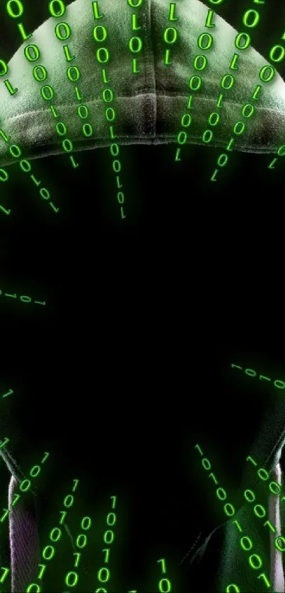 Hooded figure with green binary code background, tech-themed wallpaper.