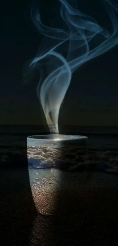 Dark, smoke-filled coffee cup over an ocean backdrop.