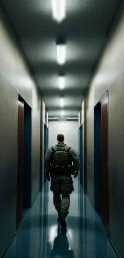 Soldier walking through a dimly lit corridor, mysterious and intriguing atmosphere.