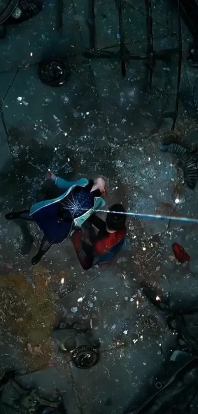 Top view of mystical characters battling in a cosmic setting with dark hues.