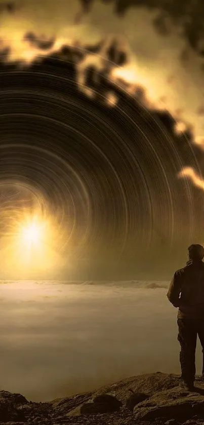 A lone figure stands before a luminous cosmic portal in an ethereal landscape.