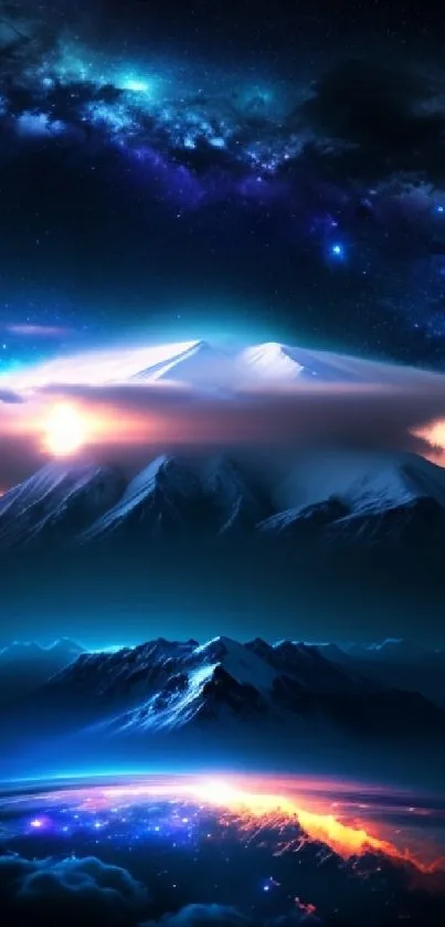 Mobile wallpaper of cosmic mountains under a vibrant galaxy sky.