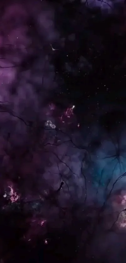 Purple cosmic nebula wallpaper with dark mysterious tones.