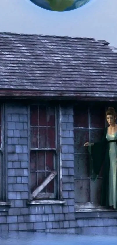 Mysterious woman in front of a vintage cottage at dusk.