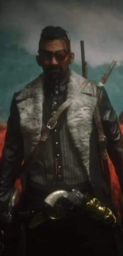 Mysterious cowboy in leather outfit with a western backdrop.