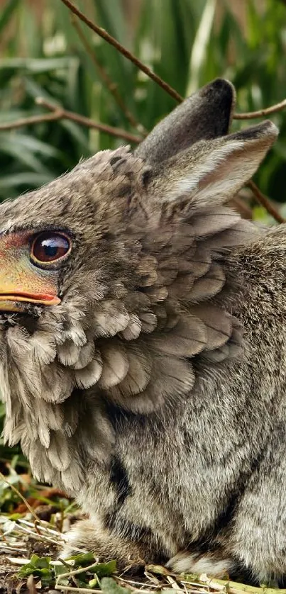 Hybrid animal with bird head and mammal body in a natural setting.