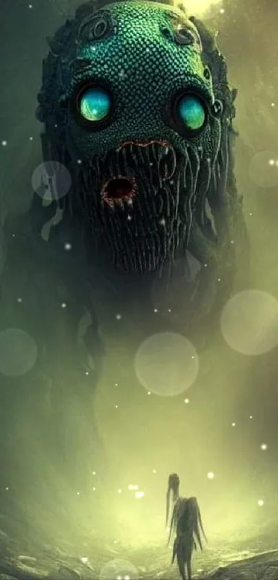 Mysterious creature with glowing eyes in a dark, eerie landscape wallpaper.