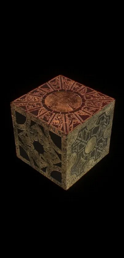 Dark cube with intricate patterns on black background.