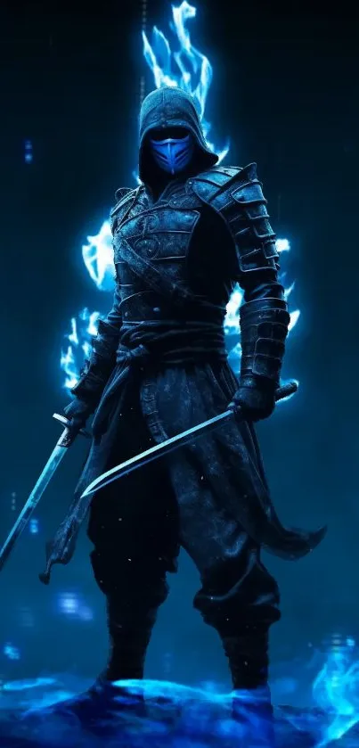 Hooded cyber warrior engulfed in blue flames, wielding swords, on a dark background.