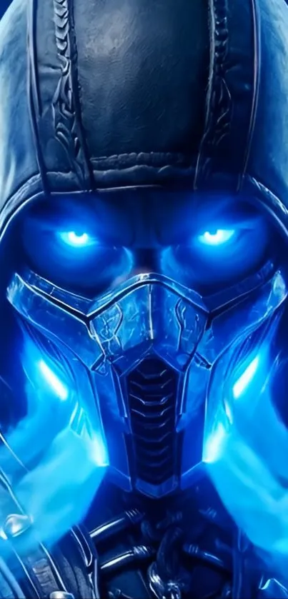 Mysterious cyber warrior with glowing blue eyes.