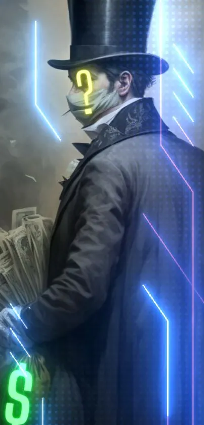 Mysterious cyberpunk gentleman in neon glow holding cash.