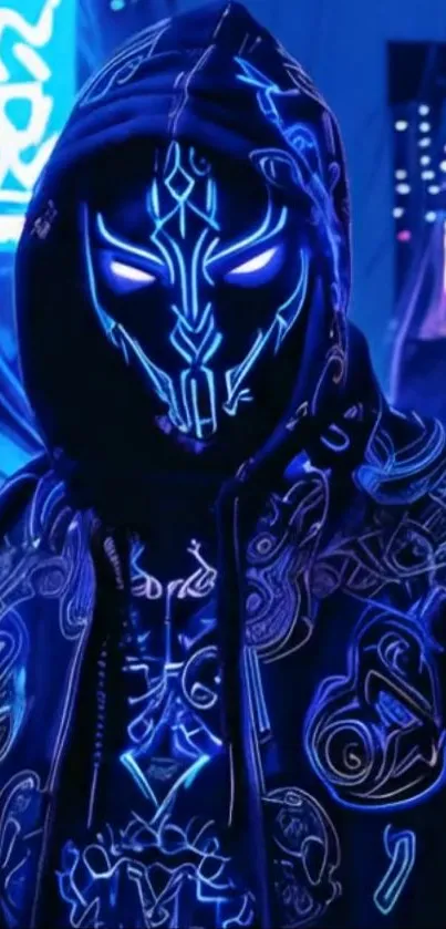 Futuristic neon warrior glowing in blue light with urban background.