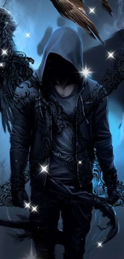 Mysterious hooded angel with wings in dark blue hues.